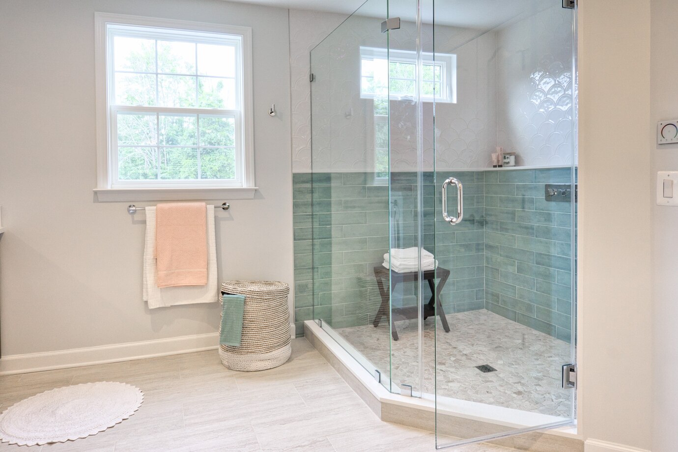 Freshly restored modern tiled bathroom in a Hamilton home
